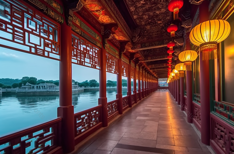 公园湖边的古典走廊建筑,高清,摄影图,摄影图片,图片大全,摄影图免费下载